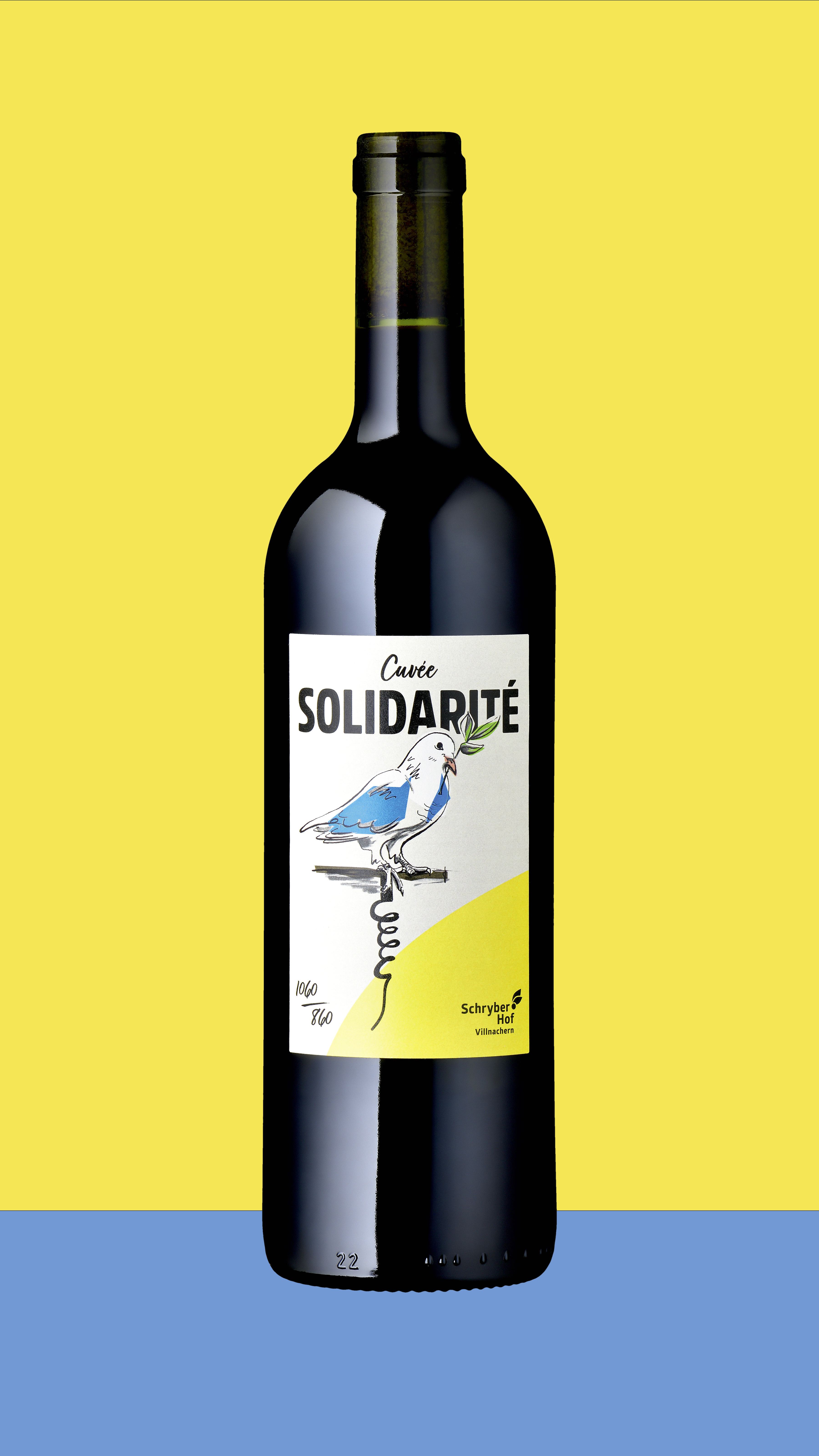 Schryberhof, Villnachern – Gestaltung Etikette «Solidaritäts-Wein». Der Erlös aus dem Weinverkauf geht an die Familien der ukrainischen Mitarbeitenden des Betriebes.